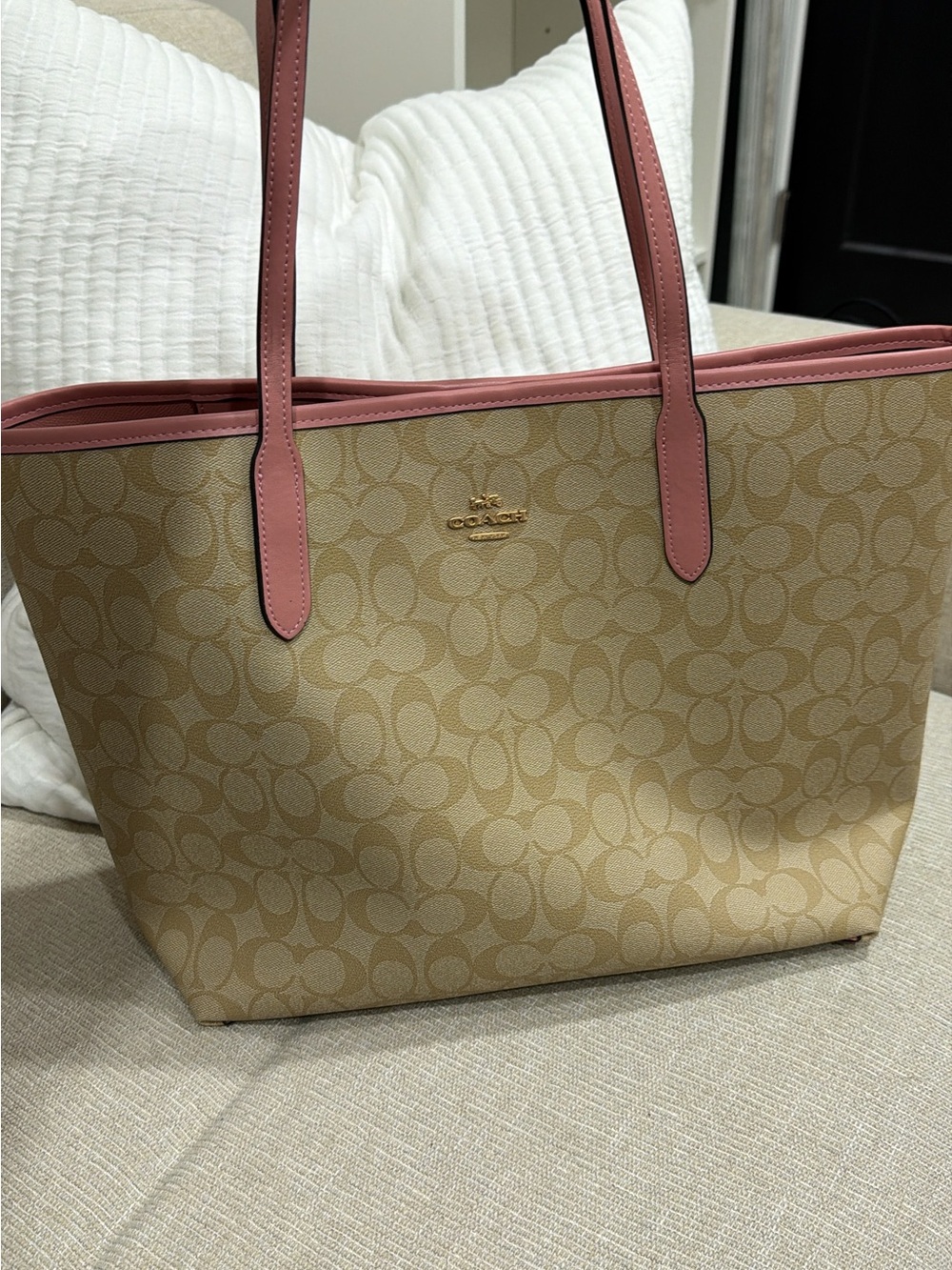 Coach Beige Canvas Tote with Pink Leather Trim